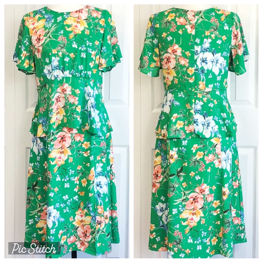Loft Petites Green Floral Print 2 PC Short Sleeve Peplum Midi Skirt Set 4P